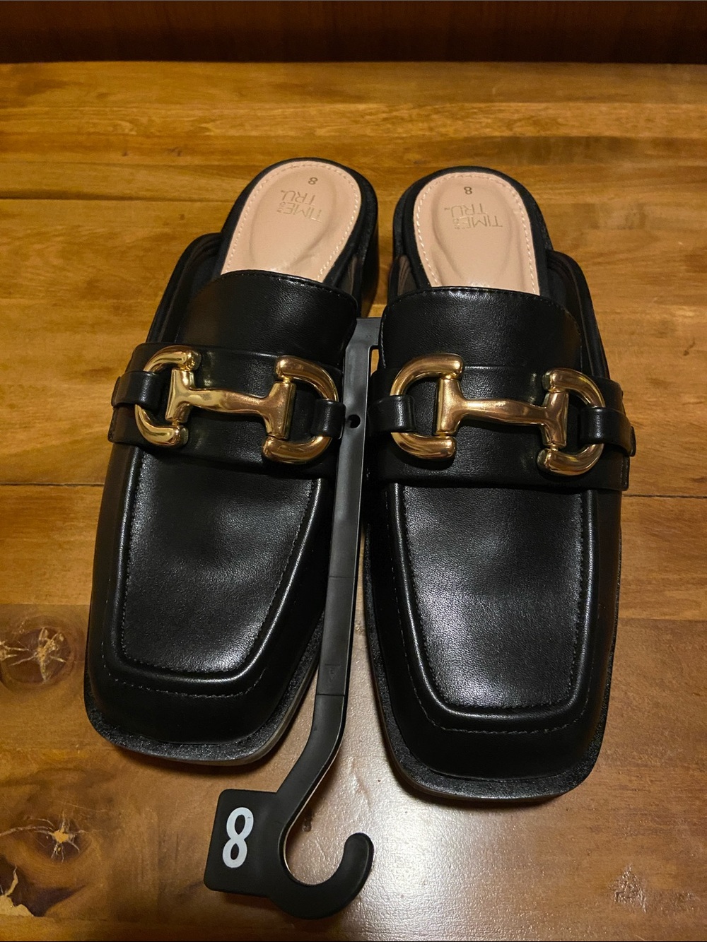 Time and Tru Black Slip-On Mules with Gold Bit Detail